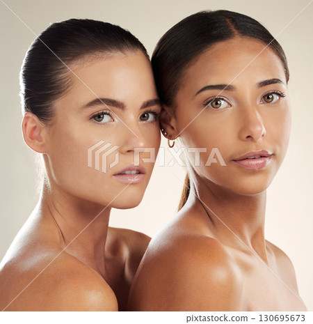 Portrait, women and friends with skincare, cosmetics and dermatology on studio background. Face detox, female and ladies with makeup, grooming routine and luxury for smooth, soft skin and diversity 130695673