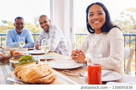 Food, portrait and woman at friends brunch, lunch and celebration event for happy reunion, bond or quality time. Love smile, happiness and group of people eating meal together at Mexico holiday home 130695836