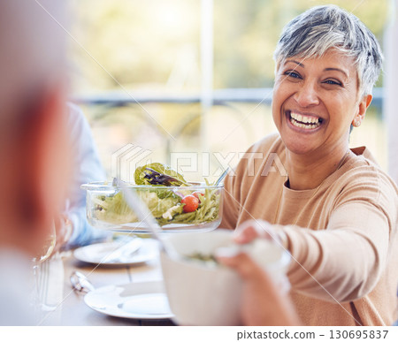 Pass salad food, lunch and happy people at brunch celebration event for reunion, bonding and enjoy quality time together. Eating vegan meal, nutritionist or senior woman laugh at funny joke in Mexico 130695837