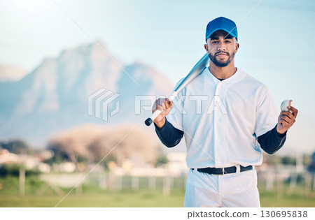 Sports, baseball and portrait of man with bat on field ready for game, practice and competition mockup. Fitness, confident mindset and athlete outdoors for exercise, training and workout for match 130695838