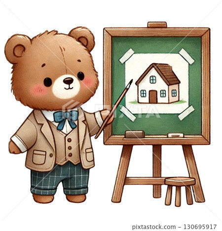 A cute bear artist presenting a house drawing on an easel. A cute bear artist presenting a house drawing on an easel. 130695917