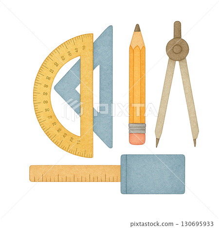 Colorful drawing tools including pencil, ruler, and protractor. Colorful drawing tools including pencil, ruler, and protractor. 130695933