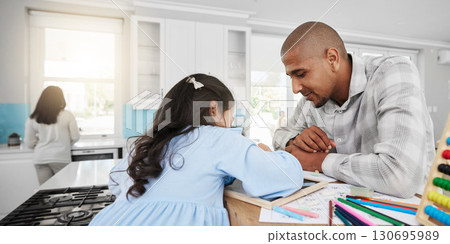 Education, homeschool and man with child drawing in kitchen, teaching and learning maths and help with homework. Home school, dad and kindergarten girl coloring and writing in notebook on counter. Education, homeschool and man with child drawing in kitchen, teaching and learning maths and help with homework. Home school, dad and kindergarten girl coloring and writing in notebook on counter. 130695989
