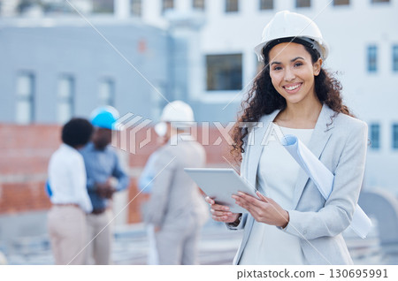 Architecture, tablet and portrait with black woman in city for construction blueprint, building or engineering. Maintenance, inspection and technology with employee for contractor, digital or project 130695991
