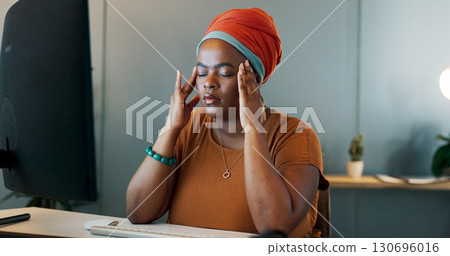 Business, tired black woman and headache at computer in office with stress, burnout and fatigue while working late. Frustrated african employee at desktop with anxiety, pain of migraine and brain fog 130696016