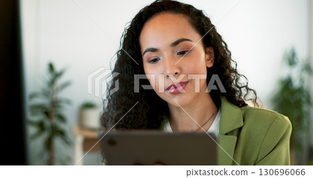 Tablet, online and business woman in office for digital marketing, website review and online project. Creative agency, worker and person on digital technology for internet, social media or networking 130696066