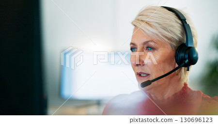 Mature woman, computer and call center communication in office for customer service, business advisory and CRM questions. Face of telemarketing agent, telecom consultant and contact us for FAQ online 130696123