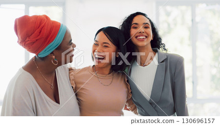 Staff, happy and business women in office happy and excited for startup company. Creative, diversity and female team laughing with coworking for collaboration, teamwork and conversation together 130696157