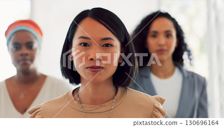 Diversity, portrait and woman in leadership with team in office, confident and proud manager in human resources. Community, solidarity and group of women with boss at professional recruitment agency. Diversity, portrait and woman in leadership with team in office, confident and proud manager in human resources. Community, solidarity and group of women with boss at professional recruitment agency. 130696164