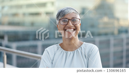 Portrait, glasses and woman on office building balcony with confidence, pride and business entrepreneur. City, terrace and mature businesswoman with happy face at consulting startup on cityscape. Portrait, glasses and woman on office building balcony with confidence, pride and business entrepreneur. City, terrace and mature businesswoman with happy face at consulting startup on cityscape. 130696165