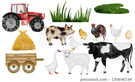 Cute farm animal and tractor set. Hand drawn cow, rooster, haystack and red tractor on isolated white background. Country style clip art. Ideal for educational cards and posters 130696194