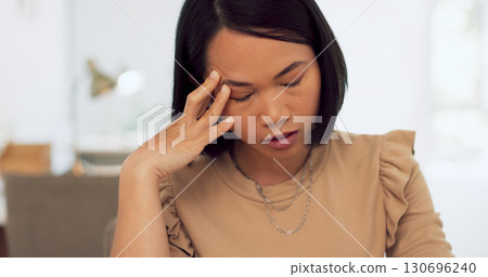 Stress, headache and asian woman at job in office with 404 technology glitch. Tired business worker, burnout and computer mistake with anxiety, deadline and depression of problem, crisis and doubt Stress, headache and asian woman at job in office with 404 technology glitch. Tired business worker, burnout and computer mistake with anxiety, deadline and depression of problem, crisis and doubt 130696240