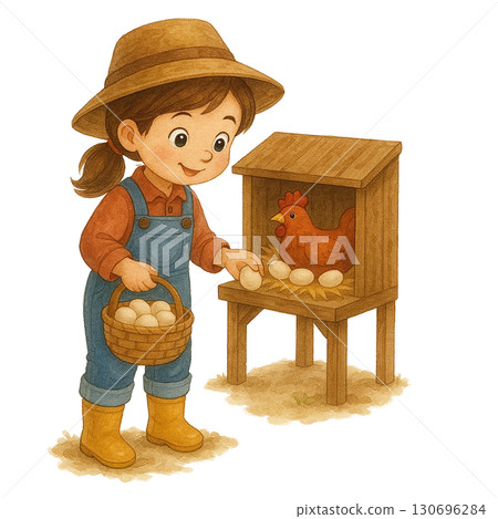 A child joyfully collecting fresh eggs from a henhouse. 130696284