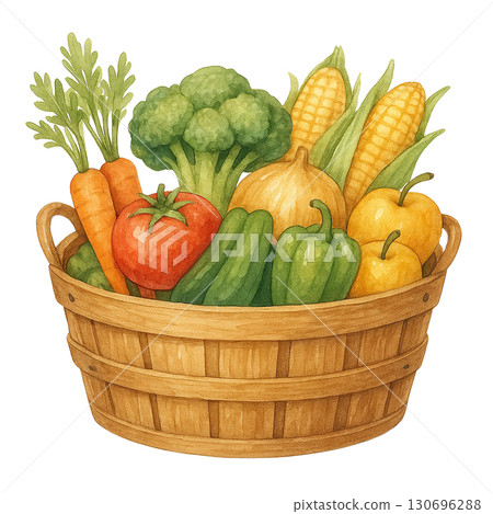A colorful basket filled with fresh vegetables and greens. 130696288