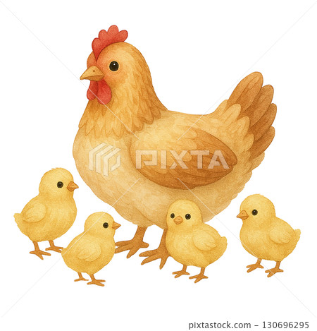 A mother hen with adorable chicks in a cute illustration. 130696295