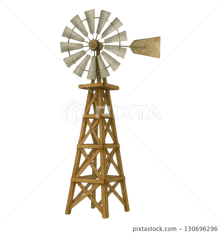 A rustic windmill stands tall against a clear blue sky. 130696296