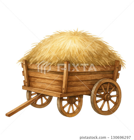 A rustic wooden cart filled with golden straw, perfect for farm scenes. A rustic wooden cart filled with golden straw, perfect for farm scenes. 130696297