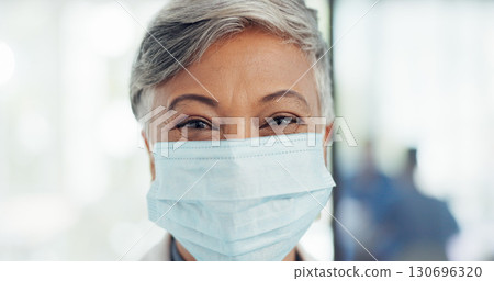 Covid, face mask and doctor in hospital for healthcare, safety or wellness with woman working in clinic with medicine. Corona, portrait and female nurse or medical physician in pandemic care 130696320