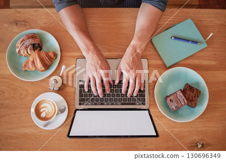 Laptop, coffee shop and above man hands writing email, freelance and internet with screen mockup. Hand, remote work and social media influencer in cafe for food, review or typing blog, search or web Laptop, coffee shop and above man hands writing email, freelance and internet with screen mockup. Hand, remote work and social media influencer in cafe for food, review or typing blog, search or web 130696349