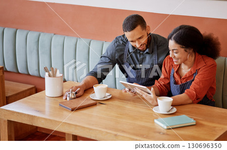 Business meeting, cafe team and tablet of social media marketing planning of coffee shop staff. Digital, online and seo sales work on technology of a restaurant management team working on data 130696350