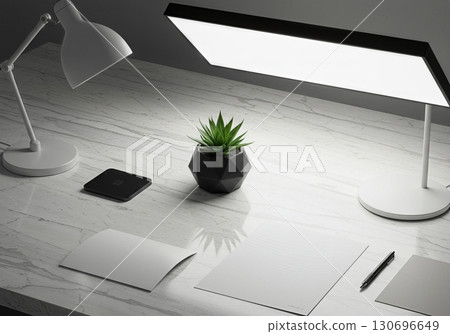 Minimalist Marble Desk Flatlay with Succulent Plant and Tech Accessories for Branding and Product Mockups 130696649