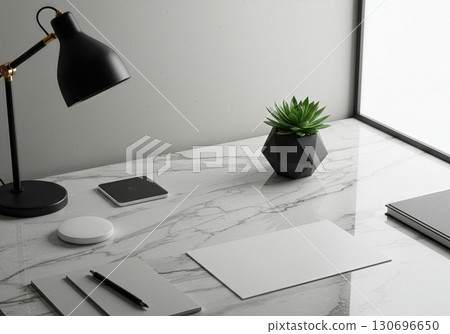 Minimalist Marble Desk Flatlay with Succulent Plant and Tech Accessories for Branding and Product Mockups 130696650
