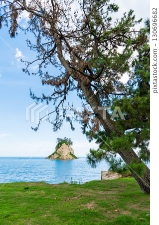 Mitsuke Island in midsummer and the pine trees in Mitsuke Park dying due to seawater intrusion caused by land erosion Mitsuke Island in midsummer and the pine trees in Mitsuke Park dying due to seawater intrusion caused by land erosion 130696682