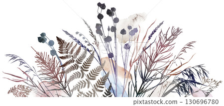 Watercolor boho autumn floral border with dried leaves in earthy tones, wedding illustration Watercolor boho autumn floral border with dried leaves in earthy tones, wedding illustration 130696780