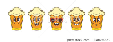 Joyful Yellow Cartoon Beer Mascot Character Expressing Playful Emotions Vector Illustration Set Joyful Yellow Cartoon Beer Mascot Character Expressing Playful Emotions Vector Illustration Set 130696839