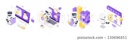 Isometric Vector Illustration Of Robots Using Artificial Intelligence For Data And Event Management 130696851