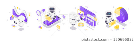 Modern Isometric Vector Illustration Of Robots Using Artificial Intelligence For Digital Business Solutions 130696852