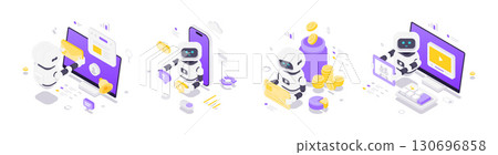 Modern Isometric Vector Illustration Of Artificial Intelligence Robots In Digital Automation Technology Modern Isometric Vector Illustration Of Artificial Intelligence Robots In Digital Automation Technology 130696858