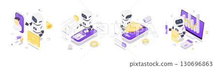 Isometric Vector Illustration Of Artificial Intelligence Robots In Advertising Security Assistance And Learning Isometric Vector Illustration Of Artificial Intelligence Robots In Advertising Security Assistance And Learning 130696863
