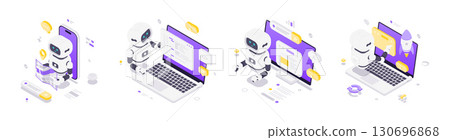 Modern Isometric Illustration Of Artificial Intelligence Robots In Navigation Coding Learning And Startups 130696868