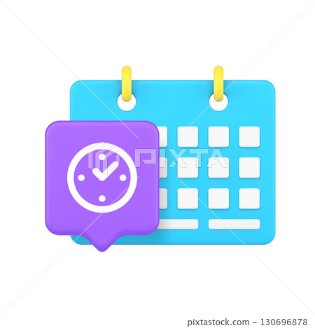 3d Realistic Icon Of Blue Calendar With Orange Clip And Purple Clock Speech Bubble For Time Management 3d Realistic Icon Of Blue Calendar With Orange Clip And Purple Clock Speech Bubble For Time Management 130696878