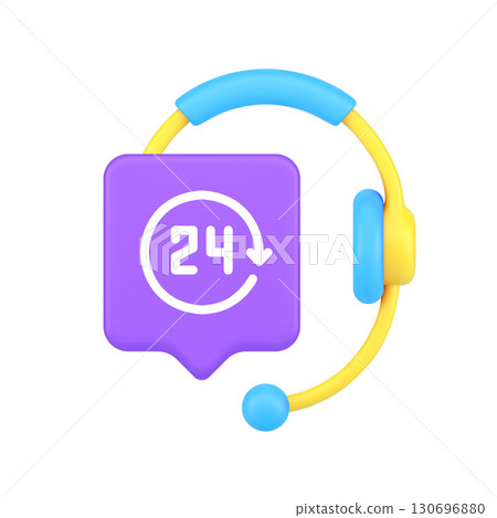 3d Realistic Icon Of Purple 24 Hour Speech Bubble And Yellow Headset For Round The Clock Support 130696880