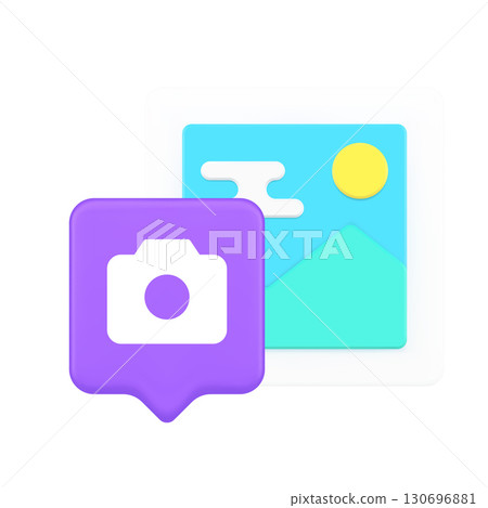 3d Realistic Icon Of Purple Camera Speech Bubble And Blue Landscape Photo For Multimedia Imaging 130696881