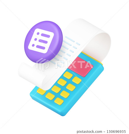3D Realistic Icon POS Terminal With Receipt And Transaction List For Payment Processing System 130696935