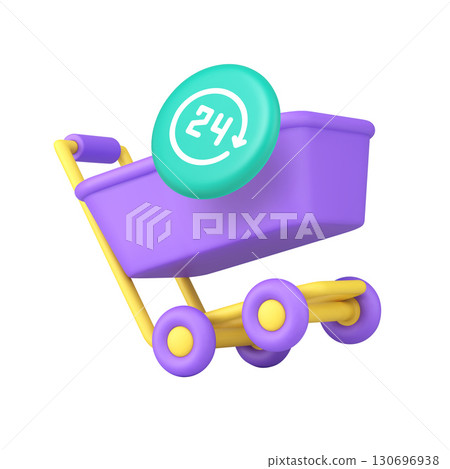 3D Realistic Icon Purple Shopping Cart With 24 7 Service Badge For Ecommerce And Retail 130696938