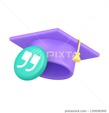 3D Realistic Icon Purple Graduation Cap And Green Quotation Marks For Education And Citation 130696940