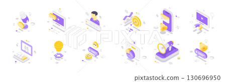 Modern Isometric Vector Illustration Digital Marketing Communication Analytics Online Interaction Icons Set 130696950