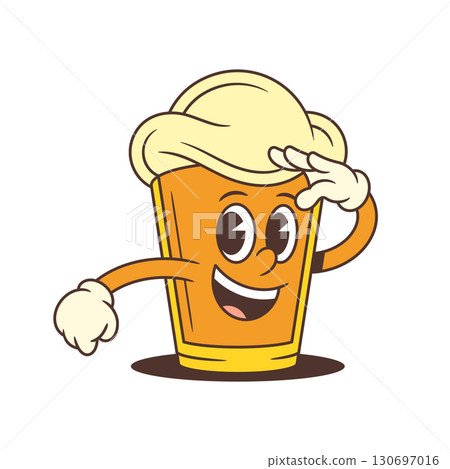 Cheerful Yellow Beer Mascot Glass With Large Foam Saluting Cute Happy Character Vector Illustration 130697016