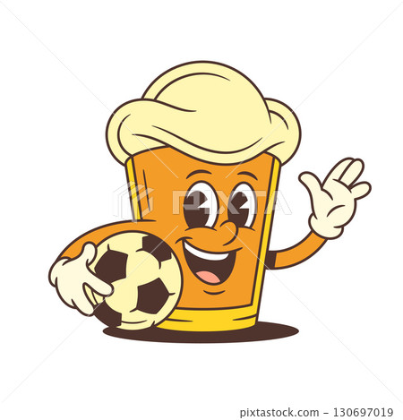 Happy Beer Mascot Glass Holding Soccer Ball Waving Hand Cheerful Character Vector Illustration Happy Beer Mascot Glass Holding Soccer Ball Waving Hand Cheerful Character Vector Illustration 130697019
