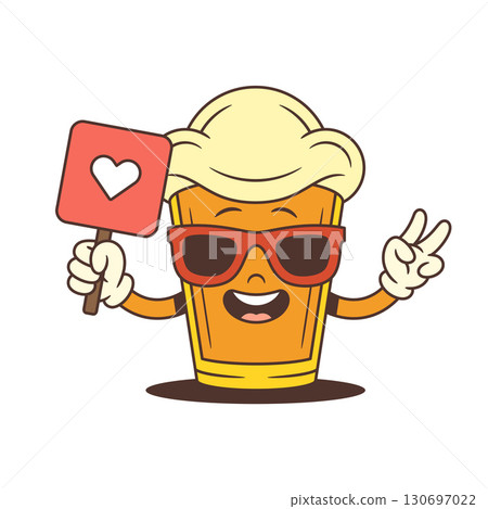 Happy Yellow Beer Mascot Glass Wearing Sunglasses Holding Red Heart Sign Showing Peace Gesture Happy Yellow Beer Mascot Glass Wearing Sunglasses Holding Red Heart Sign Showing Peace Gesture 130697022