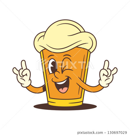 Cheerful Beer Mascot Winking And Showing Rock Hand Gesture With Both Hands Vector Illustration 130697029