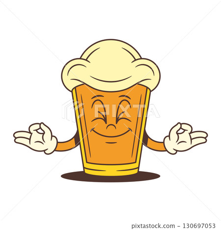 Peaceful Beer Glass Mascot Meditating In Lotus Pose With Foam Head On White Vector Illustration 130697053