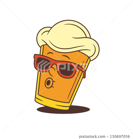 Cartoon Beer Glass Mascot In Sunglasses Whistling With Foam Head Cheerfully Isolated Illustration 130697056