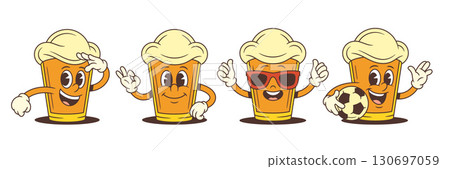 Funny Beer Mascot Character With Football Ball Thumbs Up Ok And Salute Gestures Vector Set 130697059