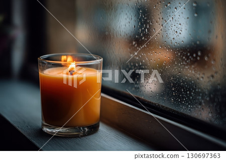 a lit orange candle in a dark window 130697363