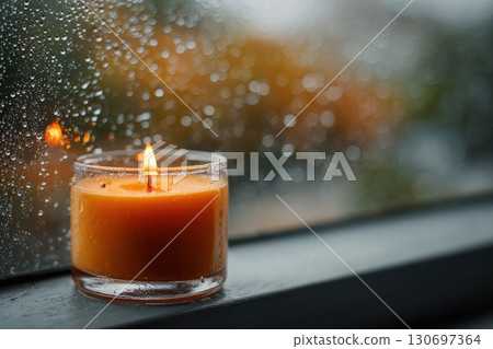 a lit orange candle in a dark window 130697364